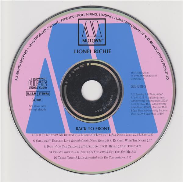 Lionel Richie - Back To Front (CD, Comp) - De Platen Aap – Vinylwinkel in Brielle & online webshop voor muziekliefhebbers