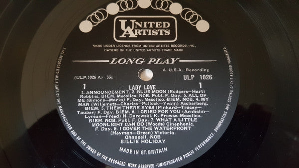 Billie Holiday : Ladylove (LP, Album, Mono)
