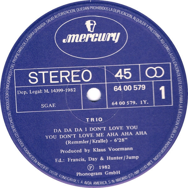 Trio : Da Da Da I Don't Love You You Don't Love Me Aha Aha Aha / Ja Ja Ja / Sabine Sabine Sabine (12", Maxi)
