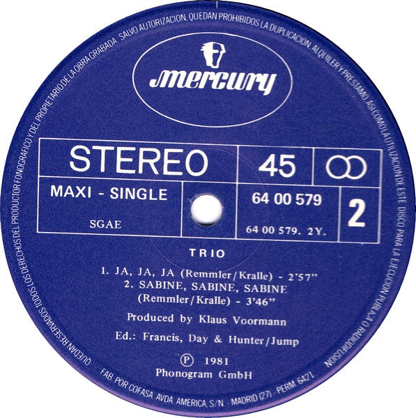 Trio : Da Da Da I Don't Love You You Don't Love Me Aha Aha Aha / Ja Ja Ja / Sabine Sabine Sabine (12", Maxi)