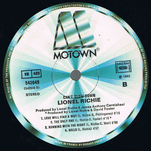 Lionel Richie : Can't Slow Down (LP, Album, Gat)