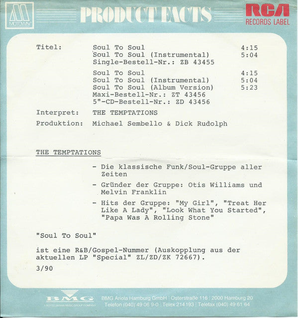 The Temptations : Soul To Soul (7", Single)