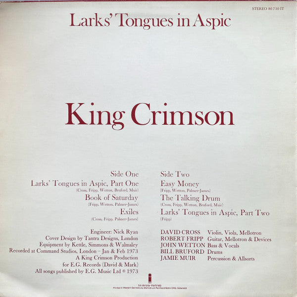 King Crimson : Larks' Tongues In Aspic (LP, Album)