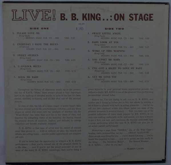 B.B. King : Live! B.B. King On Stage (LP, Album, RE)