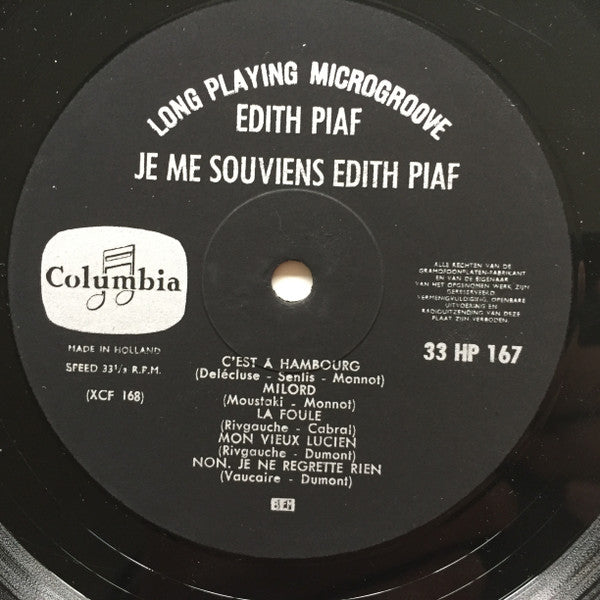 Edith Piaf : Je Me Souviens Edith Piaf (10", Comp, Mono)