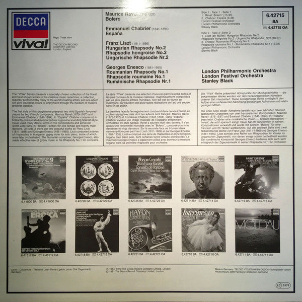 Maurice Ravel, Emmanuel Chabrier, Franz Liszt, George Enescu, London Philharmonic Orchestra, London Festival Orchestra, Stanley Black : Bolero / España / Hungarian & Roumanian Rhapsodies = Ungarische Rhapsodie = Rumänische Rhapsodie (LP, Comp)