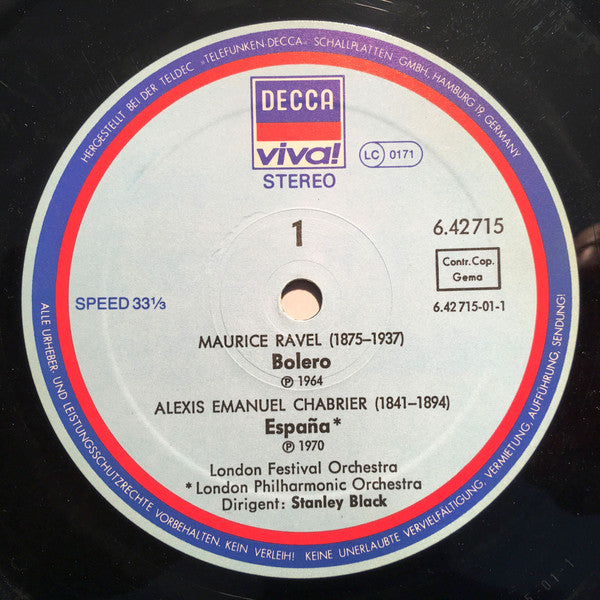 Maurice Ravel, Emmanuel Chabrier, Franz Liszt, George Enescu, London Philharmonic Orchestra, London Festival Orchestra, Stanley Black : Bolero / España / Hungarian & Roumanian Rhapsodies = Ungarische Rhapsodie = Rumänische Rhapsodie (LP, Comp)