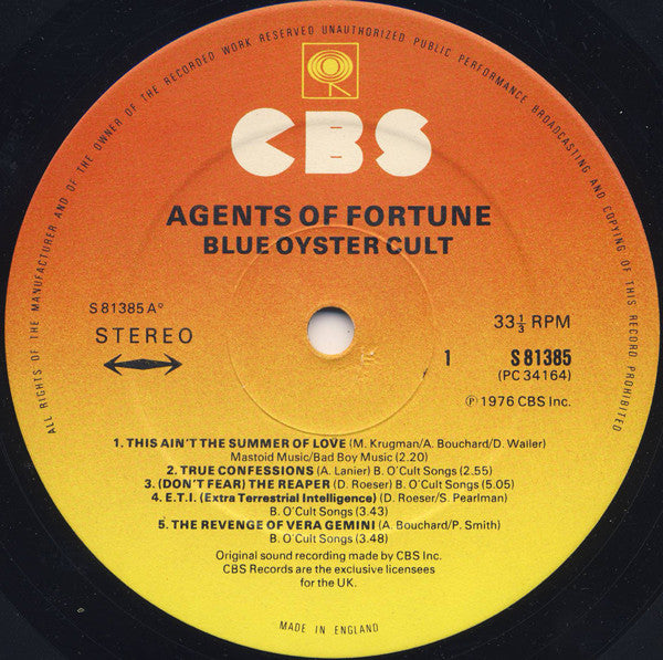 Blue Öyster Cult : Agents Of Fortune (LP, Album, Gat)