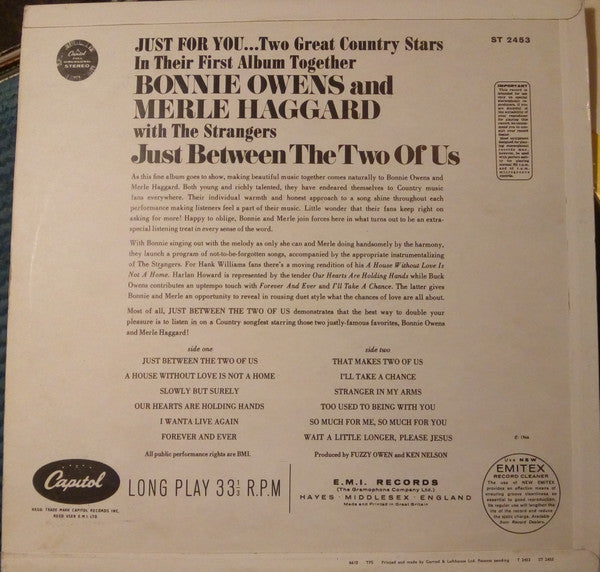 Bonnie Owens And Merle Haggard : Just Between The Two Of Us (LP, Album, RE)