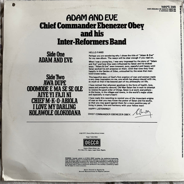 Chief Commander Ebenezer Obey And His Inter-Reformers Band* : Adam And Eve (LP, Album)