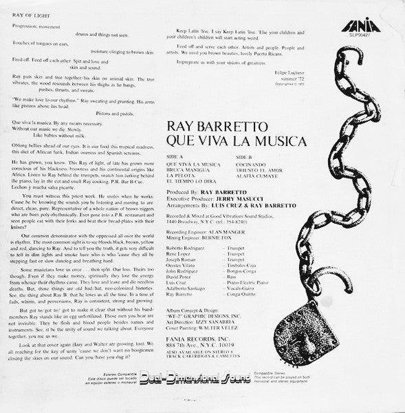 Ray Barretto : Que Viva La Musica (LP, Album, RE)