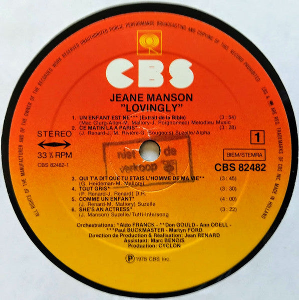 Jeane Manson : Lovingly (LP, Album, Gat)