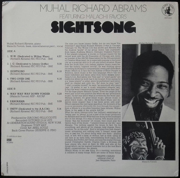 Muhal Richard Abrams Featuring Malachi Favors : Sightsong (LP, Album, RE, IRE)