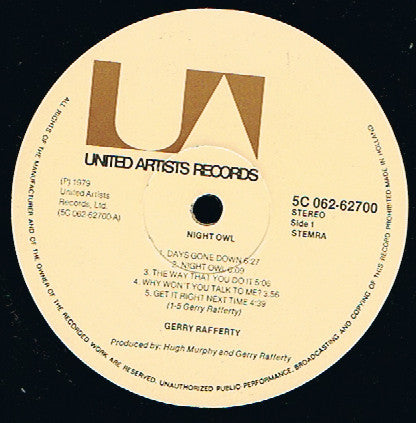 Gerry Rafferty : Night Owl (LP, Album)