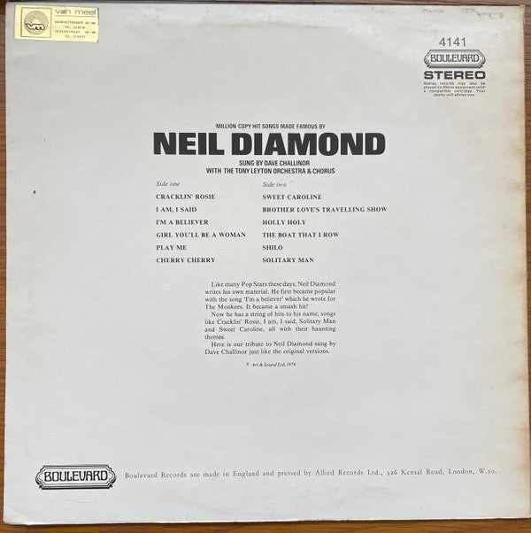 Dave Challinor (2) With Tony Leyton Orchestra & Chorus : Million Copy Hit Songs Made Famous By Neil Diamond (LP, Album)