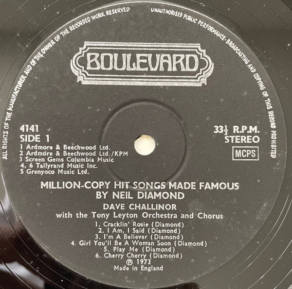 Dave Challinor (2) With Tony Leyton Orchestra & Chorus : Million Copy Hit Songs Made Famous By Neil Diamond (LP, Album)