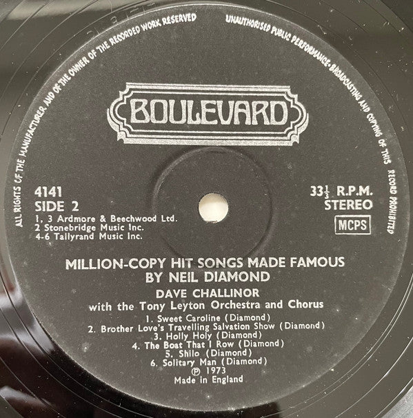 Dave Challinor (2) With Tony Leyton Orchestra & Chorus : Million Copy Hit Songs Made Famous By Neil Diamond (LP, Album)
