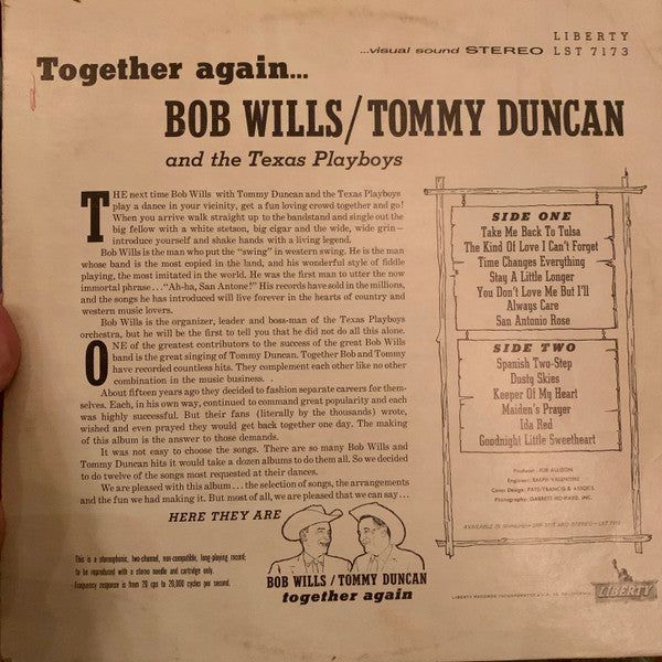 Bob Wills & Tommy Duncan And Texas Playboys, The : Together Again (LP,Album,Reissue,Stereo)