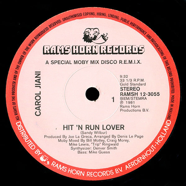 Carol Jiani : Hit 'N Run Lover (A Special Moby Mix Disco R.E.M.I.X) (12")
