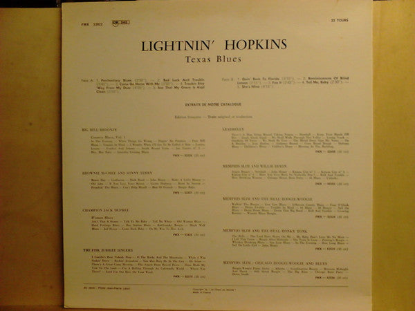 Lightnin' Hopkins : Texas Blues (LP, Album, RE)