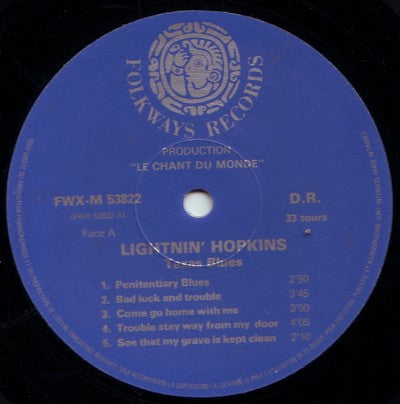 Lightnin' Hopkins : Texas Blues (LP, Album, RE)
