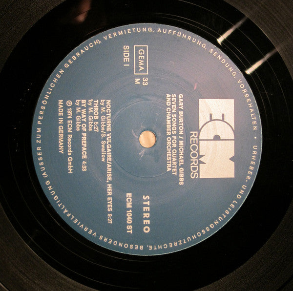 Gary Burton Music By Michael Gibbs : Seven Songs For Quartet And Chamber Orchestra (LP, Album)