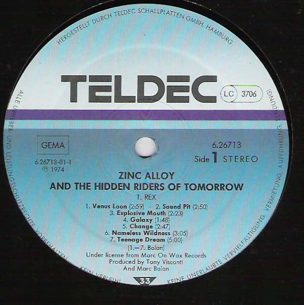 Marc Bolan & T•Rex* : Zinc Alloy And The Hidden Riders Of Tomorrow (LP, Album, RE)