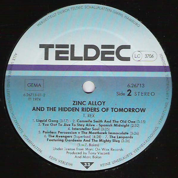 Marc Bolan & T•Rex* : Zinc Alloy And The Hidden Riders Of Tomorrow (LP, Album, RE)
