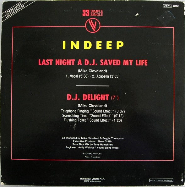 Indeep : Last Night A D.J. Saved My Life (Original Version) (12", Single, Ltd)