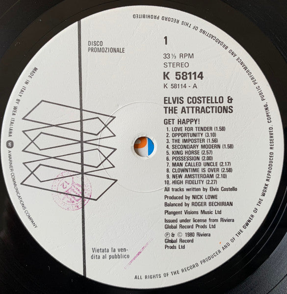 Elvis Costello And The Attractions* : Get Happy! (LP, Album, Promo)