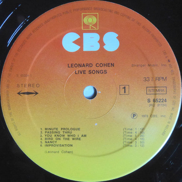 Leonard Cohen : Live Songs (LP, Album, RE)