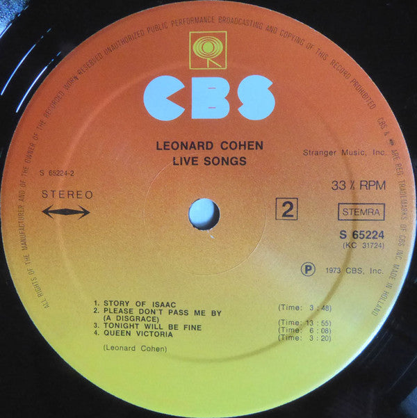 Leonard Cohen : Live Songs (LP, Album, RE)