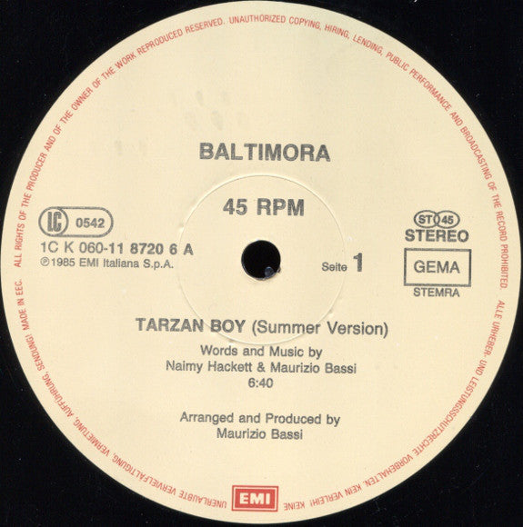 Baltimora : Tarzan Boy (Summer Version) (12", Maxi)
