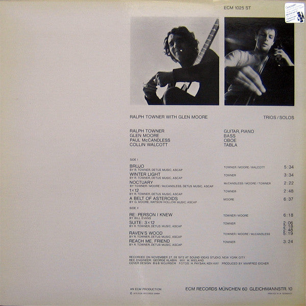 Ralph Towner With Glen Moore : Trios / Solos (LP, Album)