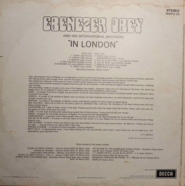 Ebenezer Obey And His International Brothers* : In London (LP, Album)