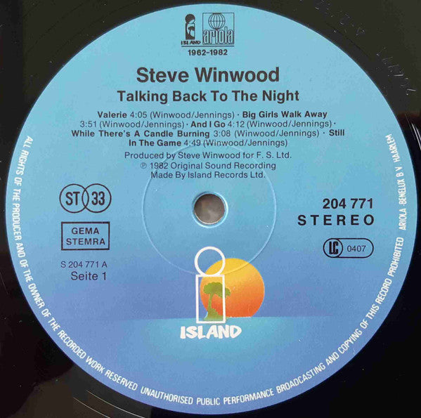 Steve Winwood : Talking Back To The Night (LP, Album)