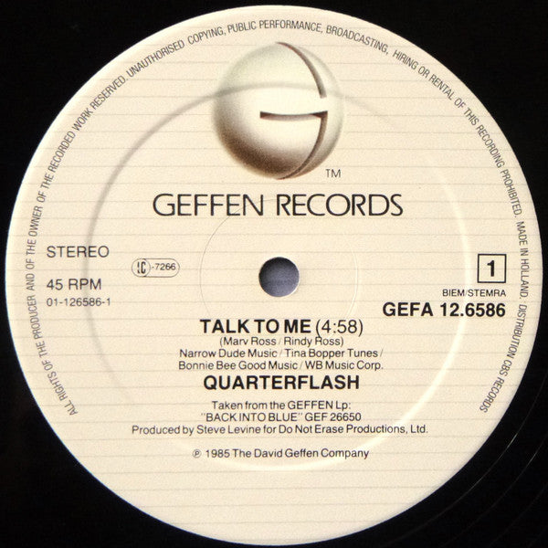 Quarterflash - Talk To Me (12", Maxi) - De Platen Aap – Vinylwinkel in Brielle & online webshop voor muziekliefhebbers