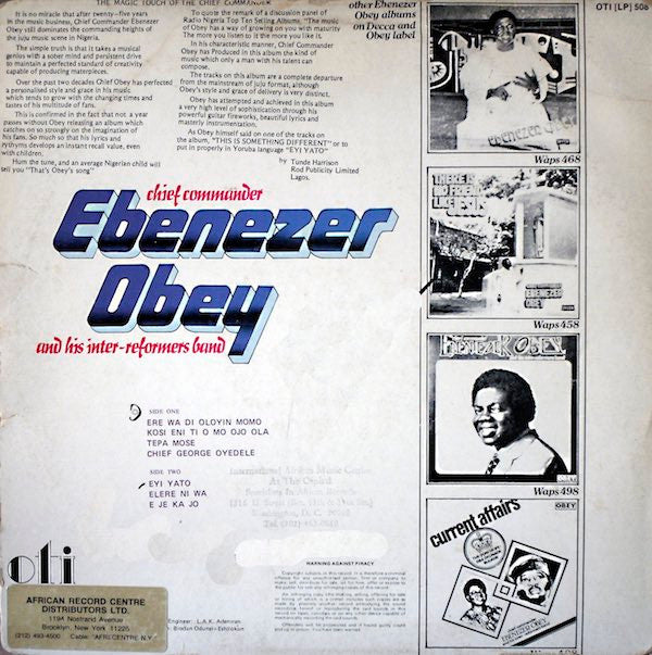 Chief Commander Ebenezer Obey & His Inter-Reformers Band : Eyi Yato (LP, Album)