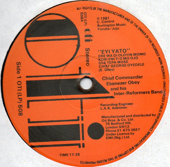 Chief Commander Ebenezer Obey & His Inter-Reformers Band : Eyi Yato (LP, Album)