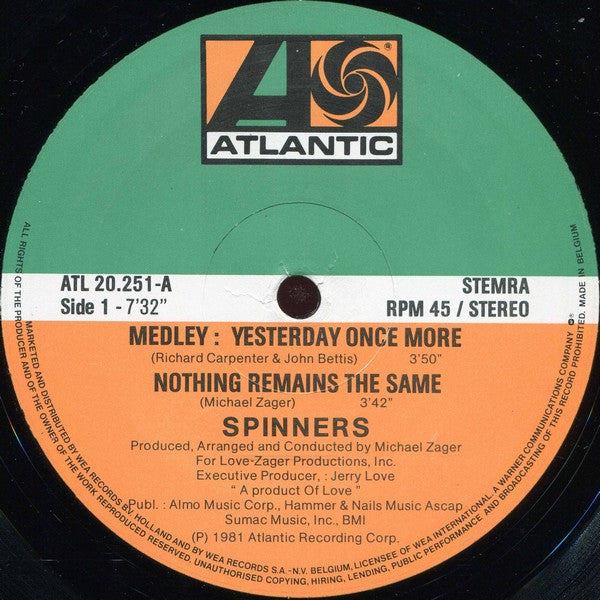 Spinners - Medley: Yesterday Once More/Nothing Remains The Same (12", Maxi) - De Platen Aap – Vinylwinkel in Brielle & online webshop voor muziekliefhebbers