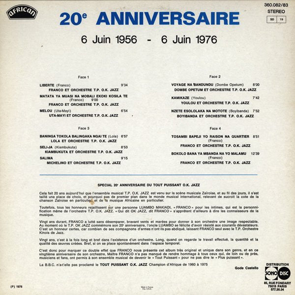 Franco : 20ème Anniversaire / 6 Juin 1956 - 6 Juin 1976 (LP,Compilation)