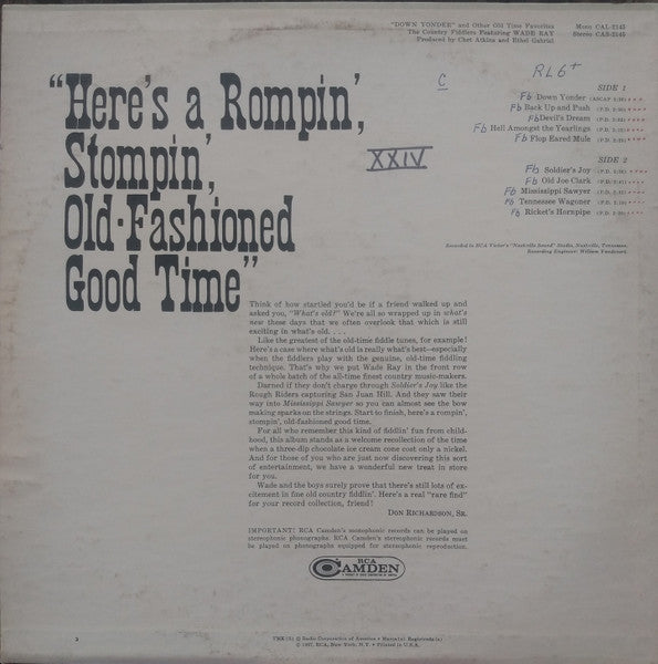 The Country Fiddlers Featuring Wade Ray : Down Yonder And Other Old-Time Favorites (LP, Album, RE, Ste)