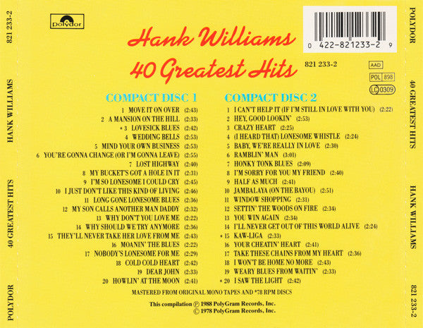 Hank Williams : 40 Greatest Hits (2xCD, Comp, RE)