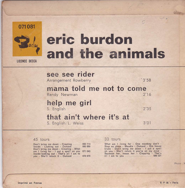 Eric Burdon And The Animals* : See See Rider  (7", EP)