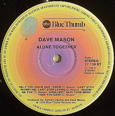 Dave Mason : Alone Together (LP, Album, RE)