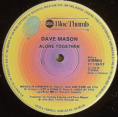 Dave Mason : Alone Together (LP, Album, RE)