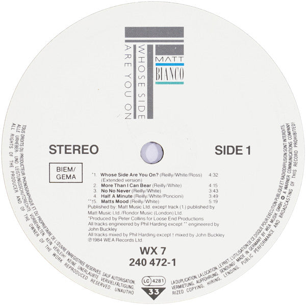 Matt Bianco : Whose Side Are You On (LP, Album, Tel)