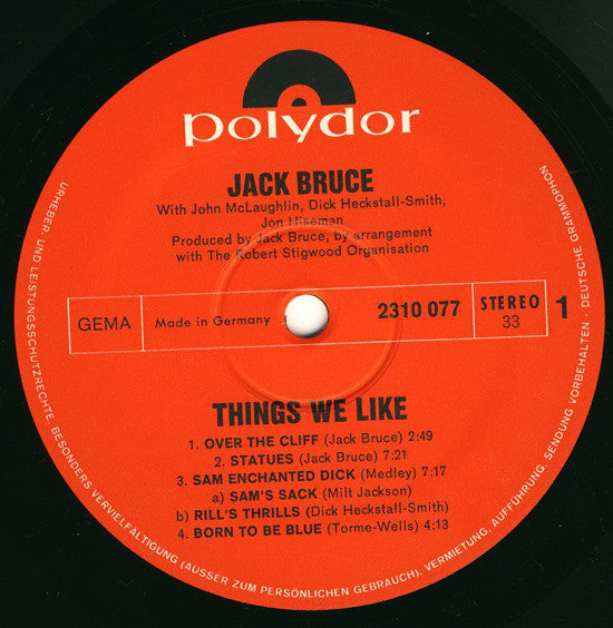 Jack Bruce With John McLaughlin, Dick Heckstall-Smith, Jon Hiseman : Things We Like (LP, Album)