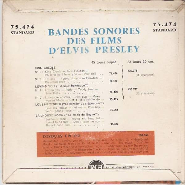 Elvis Presley With The Jordanaires : King Creole (7", EP, RE, Yel)