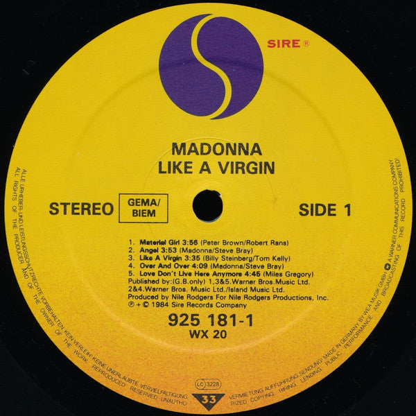 Madonna : Like A Virgin (LP, Album, RE, Tel)